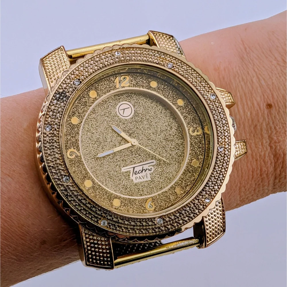 Techno Pave 7758 Men's 51mm Gold Tone Crystal Iced Bling Statement Quartz Watch